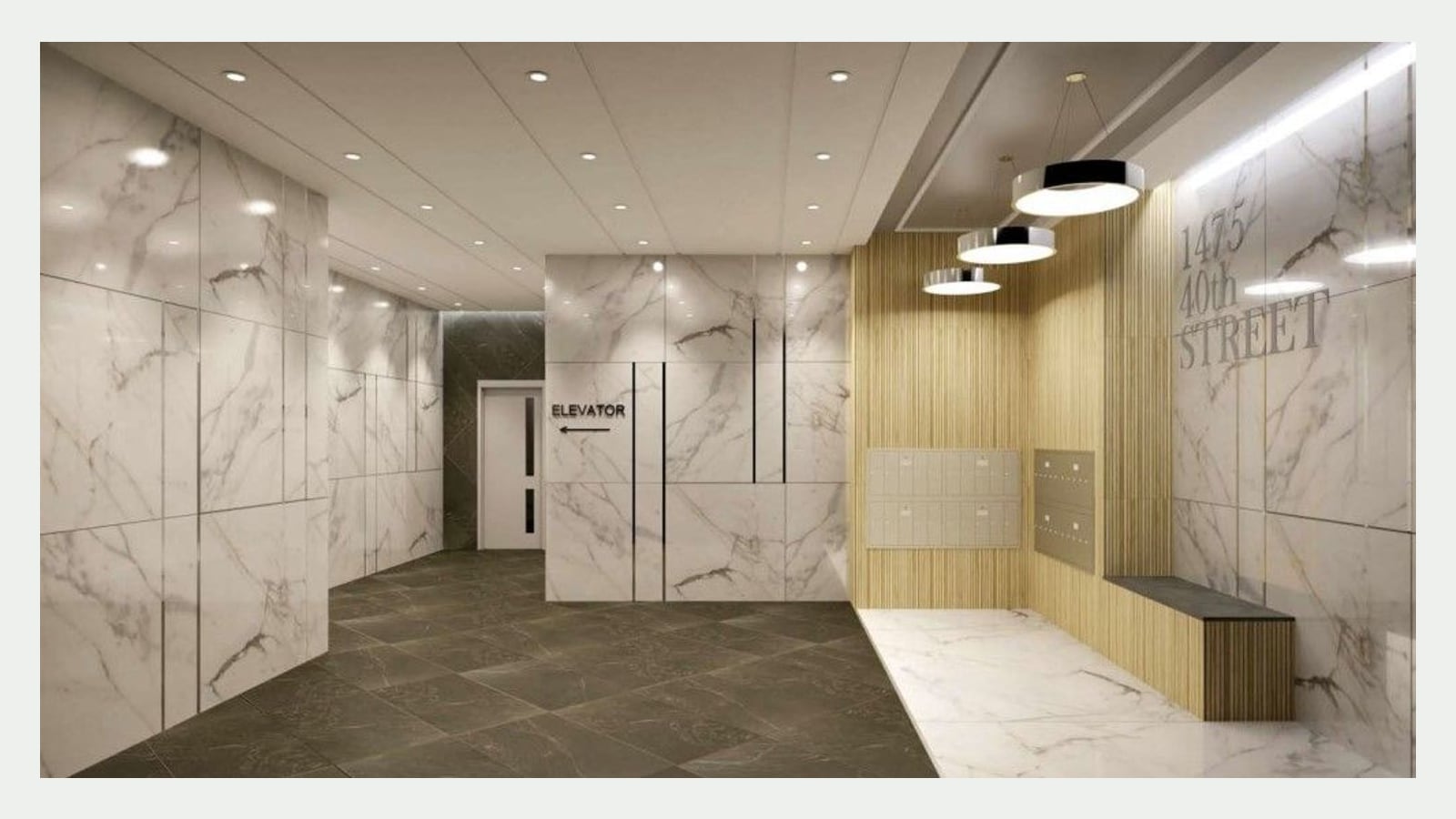 Rendering of a lobby with white marble-look wall panels, a dark tile floor, an ELEVATOR sign with an arrow, mailboxes on a slatted wood wall, a bench, ring-shaped hanging lights and the words 1475 40th Street on the wall