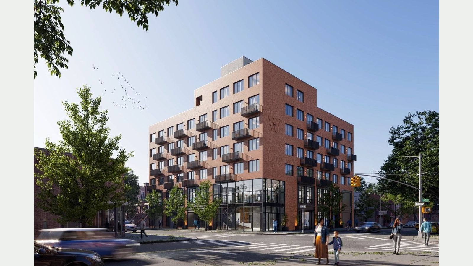 Rendering of a seven-story red-brick corner building with black metal balconies, a two-story glass corner at street level, a large W mark on one wall and a gray rooftop bulkhead, with street trees, a traffic signal, crosswalks, passing cars and small figures of people on the corner