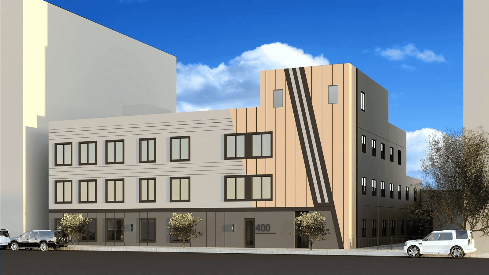 Rendering of a three-story building with light gray and pale beige panels, dark-framed windows, a dark gray ground floor with the number 400 beside a door, a dark diagonal stripe across a taller beige corner section, three small street trees and parked cars at the curb