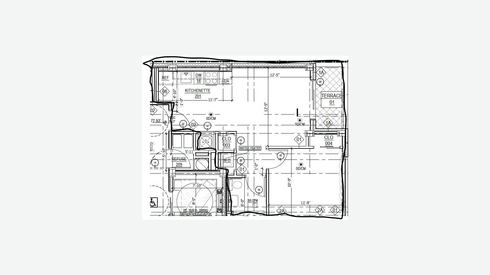 Architectural floor plan of one apartment outlined by hand in a thick black line: a kitchenette along the top wall with a refrigerator, dishwasher and four-burner range, a main room marked 12 feet 5 inches deep, a terrace at the upper right, two closets, a closet marked W-D for a washer and dryer, a bathroom, and a second room marked 11 feet 8 inches by 10 feet 9 inches; a passenger elevator and a refuse room sit outside the outline; shown at its original size on a plain light background