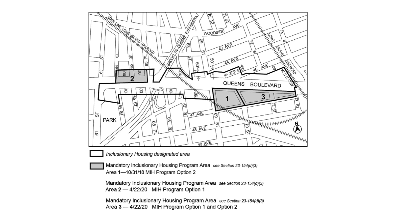 Black and white zoning map of streets around Queens Boulevard between 61st and 74th Streets, crossed by the Long Island Rail Road and the Brooklyn-Queens Expressway, with a heavy outline marking an Inclusionary Housing designated area along the boulevard and three shaded areas numbered 1, 2 and 3; area 2 is a small block front on the north side of Queens Boulevard between 64th Street and 65th Place; the legend reads Area 1, 10/31/18, MIH Program Option 2; Area 2, 4/22/20, MIH Program Option 1; Area 3, 4/22/20, MIH Program Option 1 and Option 2