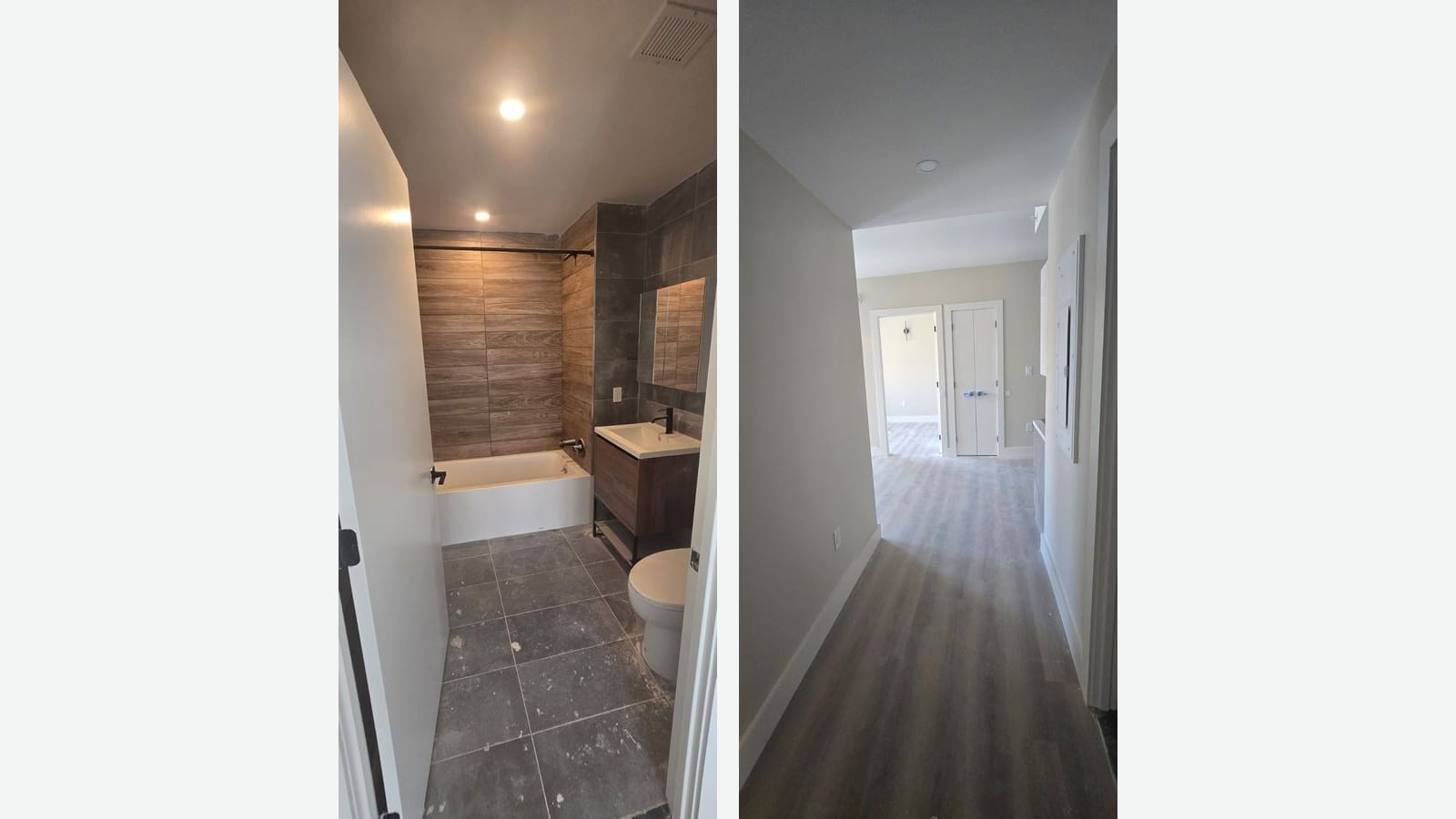 Two photographs side by side: a bathroom with a white tub, wood-look wall tile, dark grey floor tile, a wood vanity with a white sink and a toilet; and an apartment hallway with grey plank floors leading to a bedroom door and a double closet