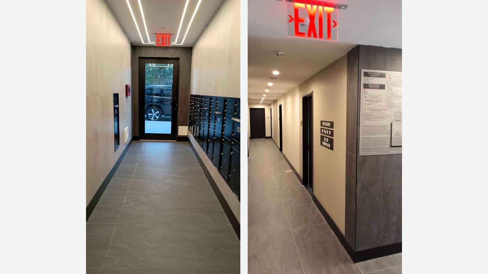 Two photographs side by side: a narrow lobby with black mailboxes on the right, stone-look wall panels, strip lights in the ceiling and a glass street door under an exit sign; and a first-floor corridor with an exit sign, apartment doors, a floor directory sign and posted building notices