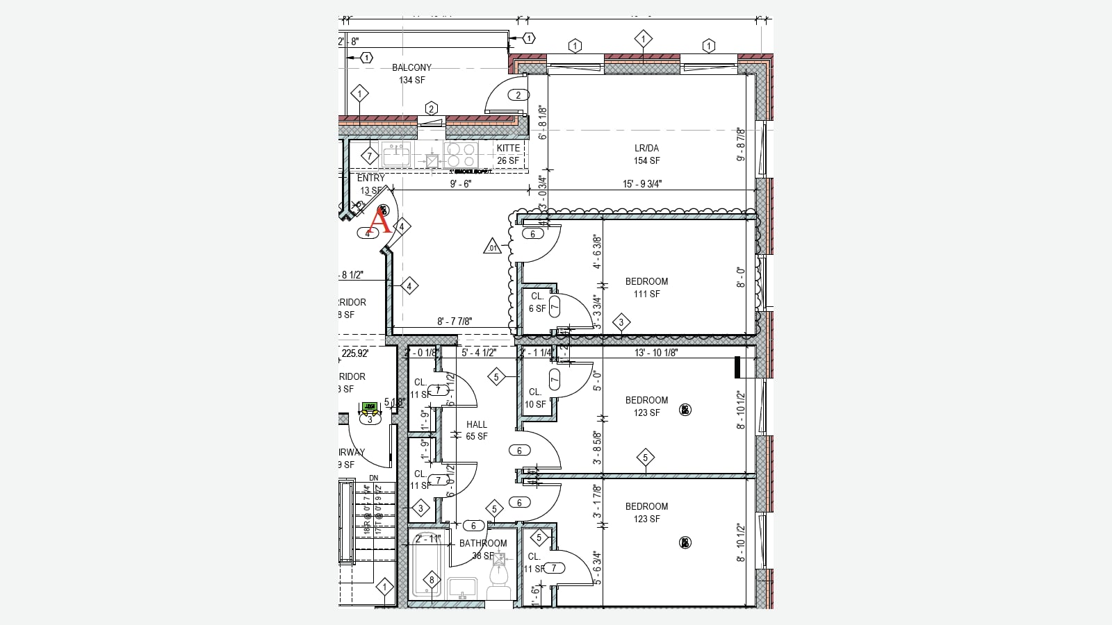 Architectural floor plan of a three-bedroom apartment, with a balcony of 134 square feet, a living and dining room of 154 square feet, a galley kitchen of 26 square feet, an entry, a hall with closets, three bedrooms of 111, 123 and 123 square feet and one bathroom with a tub, shown at its original size on a plain light background