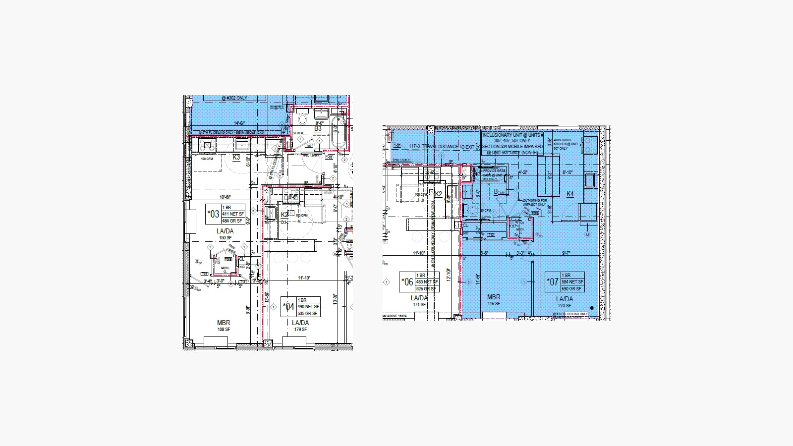 Two architectural floor plan excerpts side by side on a plain light background, showing one-bedroom apartments labeled 03 (411 net square feet), 04 (490), 06 (483) and 07 (584), with kitchens, bathrooms and closets, part of the drawing shaded blue, and a note reading Inclusionary unit at units 307, 407, 507 only