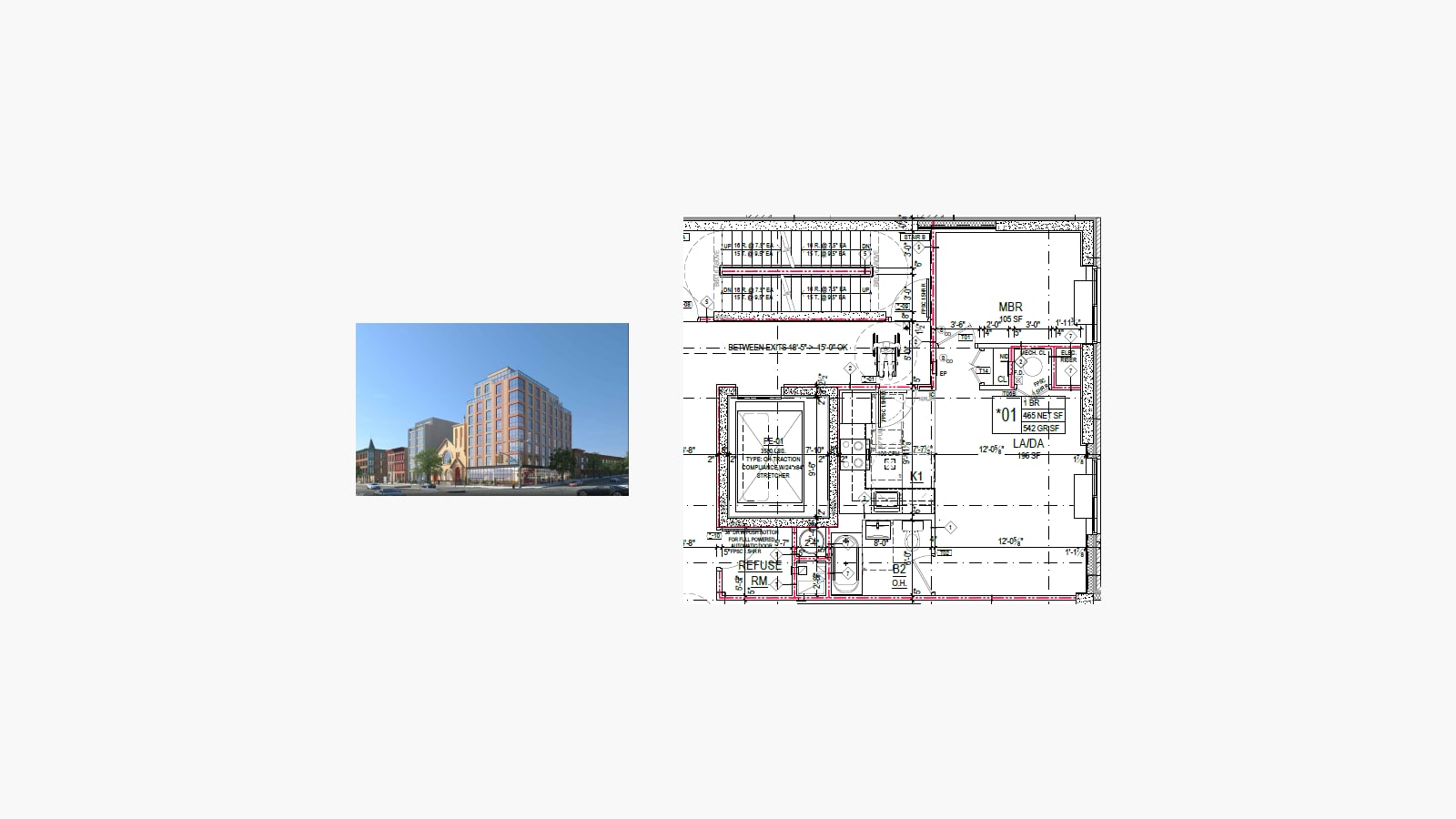 Two images side by side at their original small size on a plain light background: at left, a rendering of a tall building with a light brick and orange-toned facade and rows of windows, a glass ground floor, a church with a pointed gable and a tall gray building next to it; at right, an architectural floor plan of a one-bedroom apartment marked 1 BR, 465 net square feet, with a stair, an elevator and a refuse room