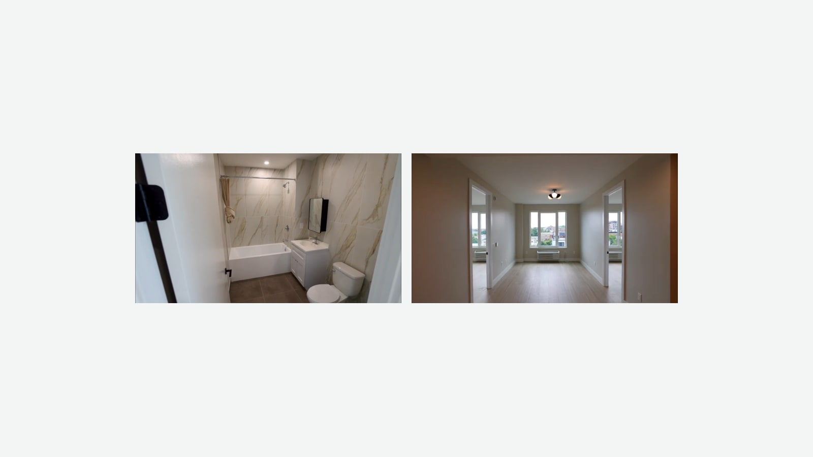 Two photographs side by side: at left, a bathroom with large marble-look wall tiles, a white tub with a shower rod, a small white vanity, a mirror cabinet and a toilet; at right, an empty room with doors open on each side to two smaller rooms, a ceiling light and a window with a wall air conditioner at the end