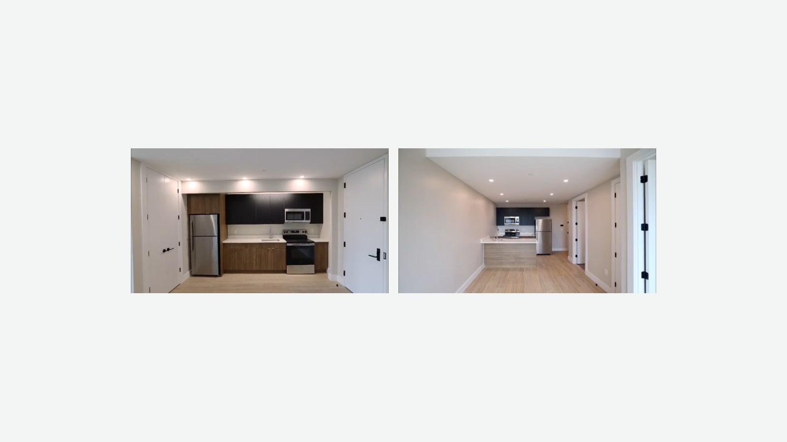 Two photographs side by side: at left, a kitchen along one wall with wood-look lower cabinets, dark upper cabinets, a stainless steel refrigerator, a stainless electric range with a smooth top, a microwave above it and white doors on each side; at right, a long room with light wood-look floors leading to an open kitchen with a peninsula counter, dark cabinets and a stainless refrigerator