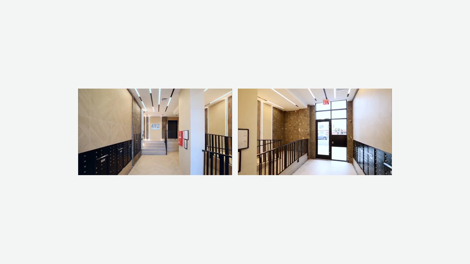Two photographs side by side: at left, a lobby with beige stone-look walls, black mailboxes, black metal railings, a few steps up and an illuminated sign reading 492; at right, the same lobby looking toward a glass entrance door with an exit sign, brown stone panels and mailboxes on the right wall