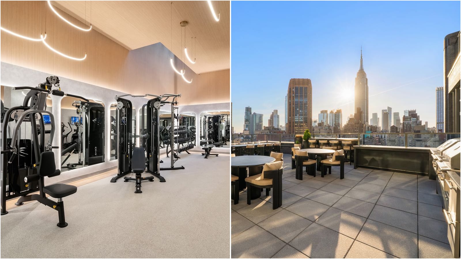Two photographs side by side: at left a fitness room with weight machines, mirrors framed in light strips and curved light fixtures under a wood-clad ceiling; at right a paved roof terrace with round tables, cushioned chairs, built-in grills and a glass railing, with the Empire State Building in low sun beyond