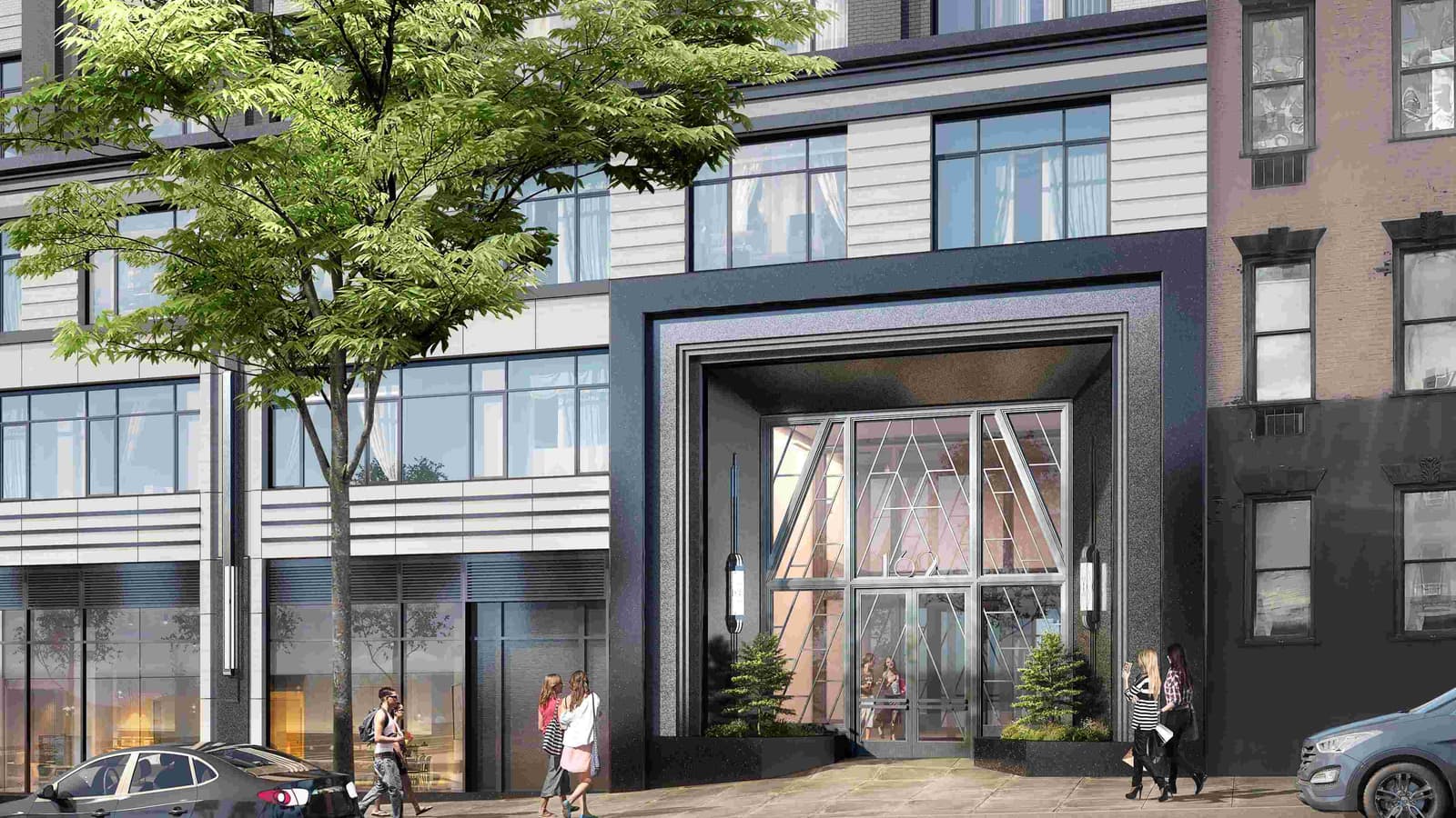 Rendering of a tall, dark granite-framed entrance portal in a pale apartment building facade, with a glass wall and doors crossed by angled metal bars, the numerals 162 above the doors, two small evergreen trees in planters, a leafy street tree at the left, pedestrians on the sidewalk and an older brick building at the right