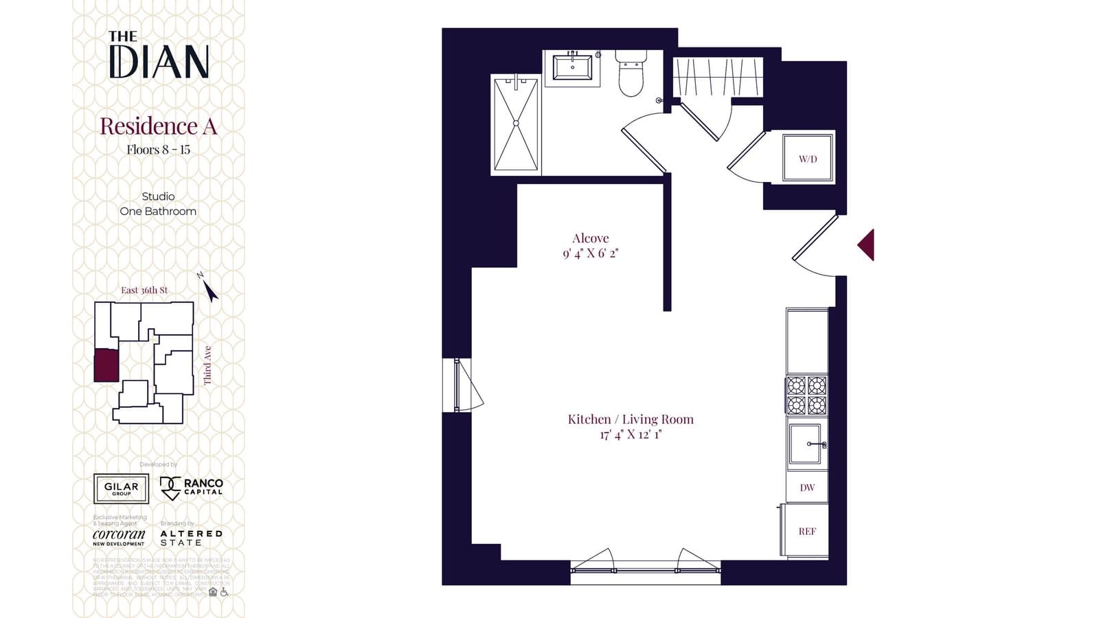 Floor plan of a studio labelled Residence A, floors 8 to 15, studio, one bathroom, with a kitchen and living room of 17 feet 4 inches by 12 feet 1 inch, an alcove of 9 feet 4 inches by 6 feet 2 inches, a bathroom with a shower, a closet with a washer-dryer, a four-burner range, a dishwasher and a refrigerator, beside a key plan of the floor marking the unit on the East 36th Street side, under The Dian name and the logos of Gilar Group, Ranco Capital, Corcoran New Development and Altered State
