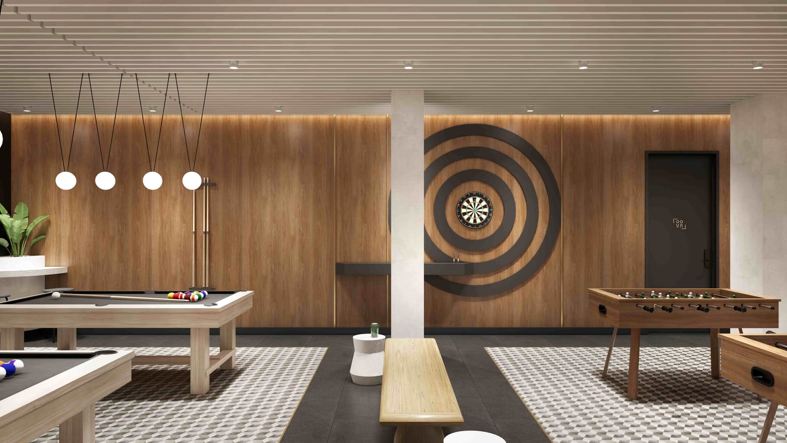 Rendering of a game room with two pool tables, a dartboard set in large dark rings on a wood-paneled wall, a foosball table, a wooden bench and patterned tile floors