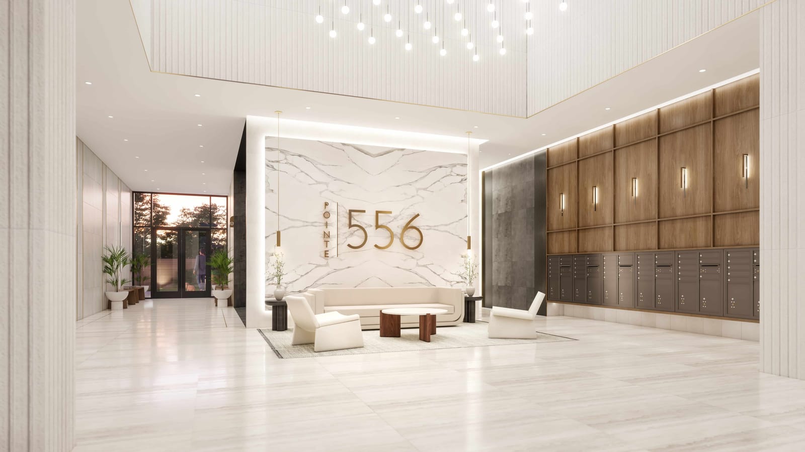 Rendering of a double-height lobby with pale stone floors, a white marble wall bearing gold letters reading Pointe 556, a cream sofa and two armchairs around a wooden table, wood-paneled wall with mailboxes at right, and a glass entrance door at the far left