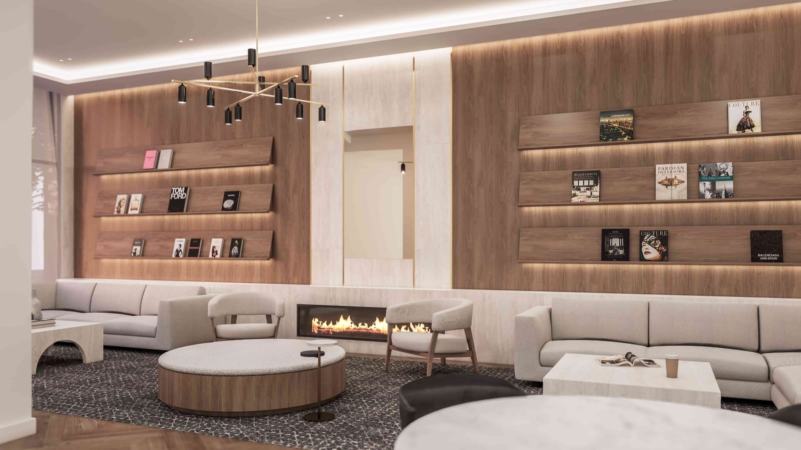 Rendering of a lounge with wood-paneled walls, lit shelves holding art and fashion books, a long gas fireplace, pale sofas and armchairs, a round upholstered ottoman and a dark patterned rug