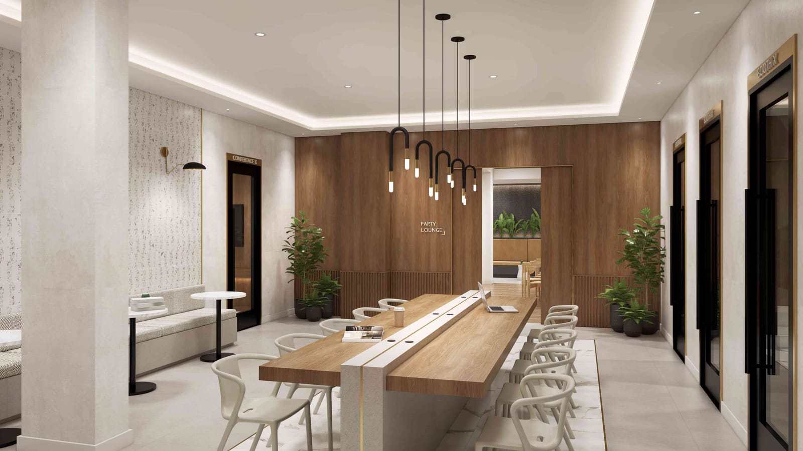 Rendering of a long shared work table with white chairs, a laptop and a coffee cup, under black pendant lights, with glass-doored rooms labelled Conference and Booth at the sides and a doorway marked Party Lounge at the back