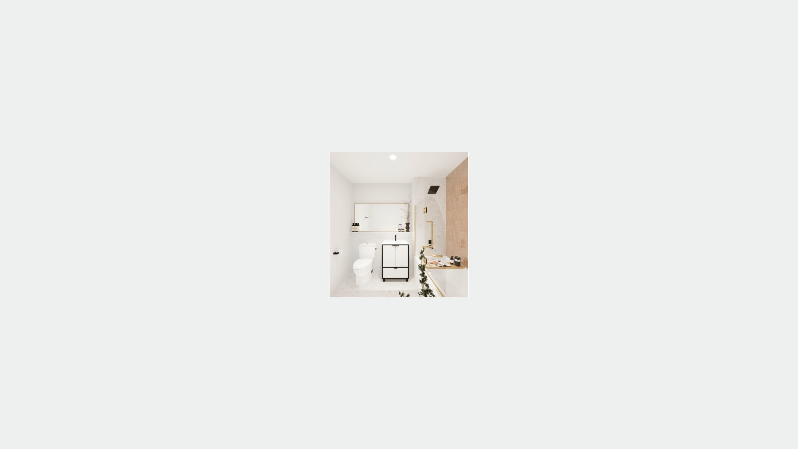 Rendering of a bathroom with a white toilet, a small white vanity with black trim, a wide mirror and shelf, a tub with a glass panel and a wall of pink tiles at right, with a trailing plant in front