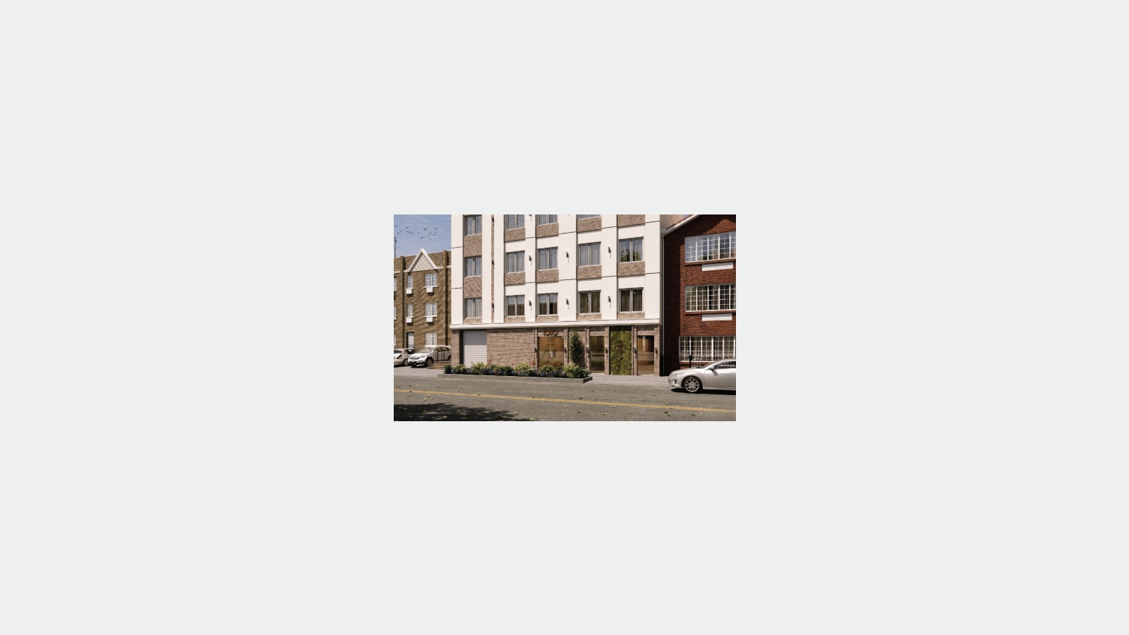 Rendering of the base of a white apartment building with a brick ground floor, a metal roll-down gate at left, glass entrance doors with wall lights, a green planted wall panel, a strip of flower beds along the sidewalk and parked cars on the street