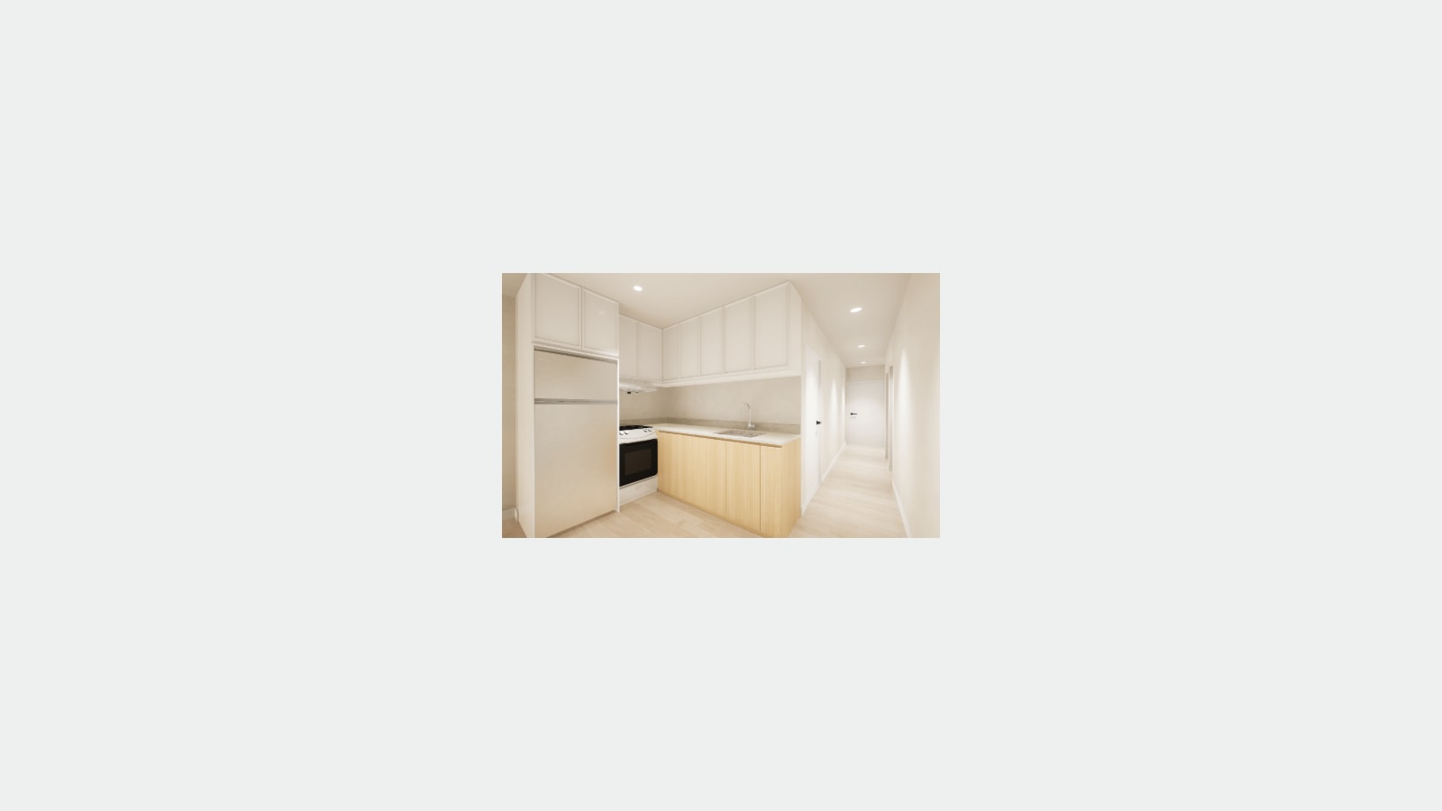 Rendering of a kitchen with white upper cabinets, light wood lower cabinets, a white refrigerator, a white range with a black oven door and a sink, beside a long hallway with white doors