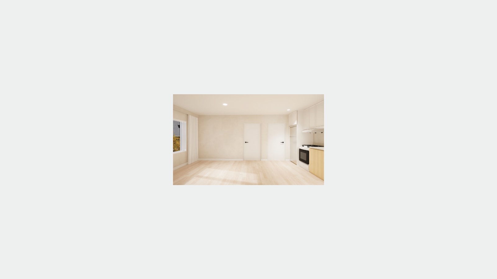 Rendering of an empty room with light wood-look floors, cream walls, a curtained window at left, two white doors at the back and a kitchen corner at right with white cabinets and a white range