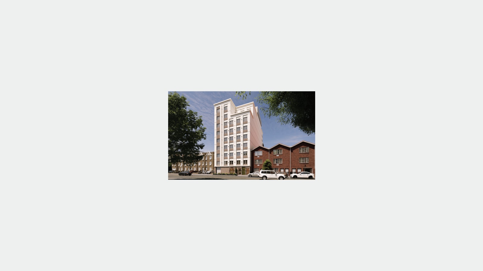 Rendering of a white nine-story apartment building with tan brick panels between its windows, set between a row of three-story brick houses with pointed gables at right and lower brick buildings at left, with trees, parked cars and a blue sky