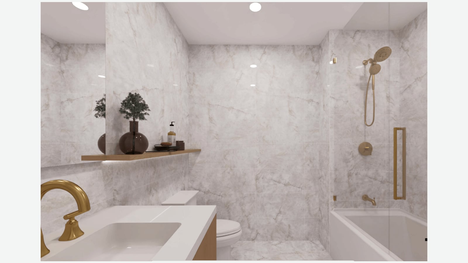 Rendering of a bathroom with large pale veined tiles on the walls, a white vanity with a brass faucet, a floating wood shelf with a vase, a toilet, and a tub with a glass panel, a brass handheld shower and a brass towel bar
