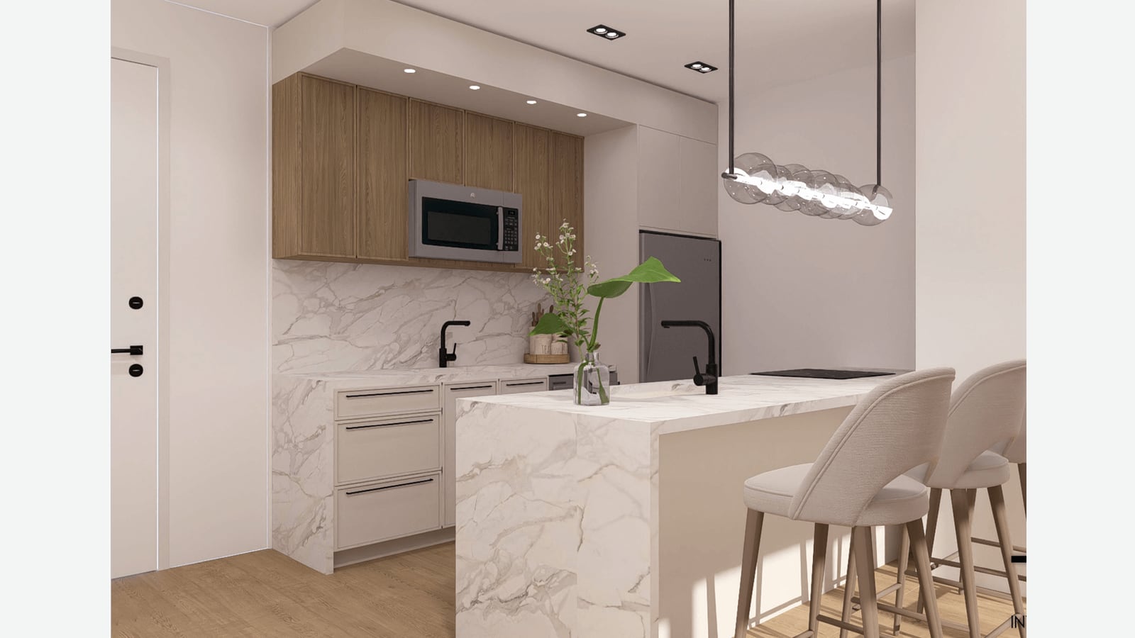Rendering of an open kitchen with light wood upper cabinets, a microwave, a veined white stone backsplash and counters, a stainless refrigerator, a waterfall island with a black faucet and an electric cooktop, two upholstered stools and a glass-globe pendant light over a light wood floor