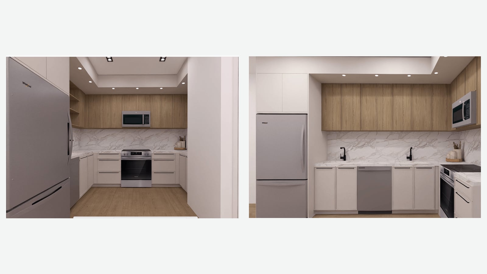 Two kitchen renderings side by side: on the left a U-shaped kitchen with a stainless refrigerator, wood upper cabinets, a microwave over an electric range and white stone counters; on the right a straight kitchen with a stainless refrigerator, wood upper cabinets, a white stone backsplash, a dishwasher and an electric range