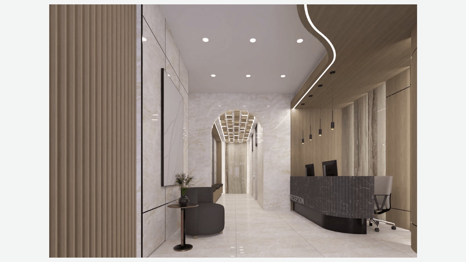 Rendering of a lobby with a pale veined stone floor and walls, a wood-slat wall on the left, a dark armchair and a small side table with a plant, a curved wood ceiling with a strip light over a dark marble desk marked RECEPTION with two monitors, and an arched passage to a corridor