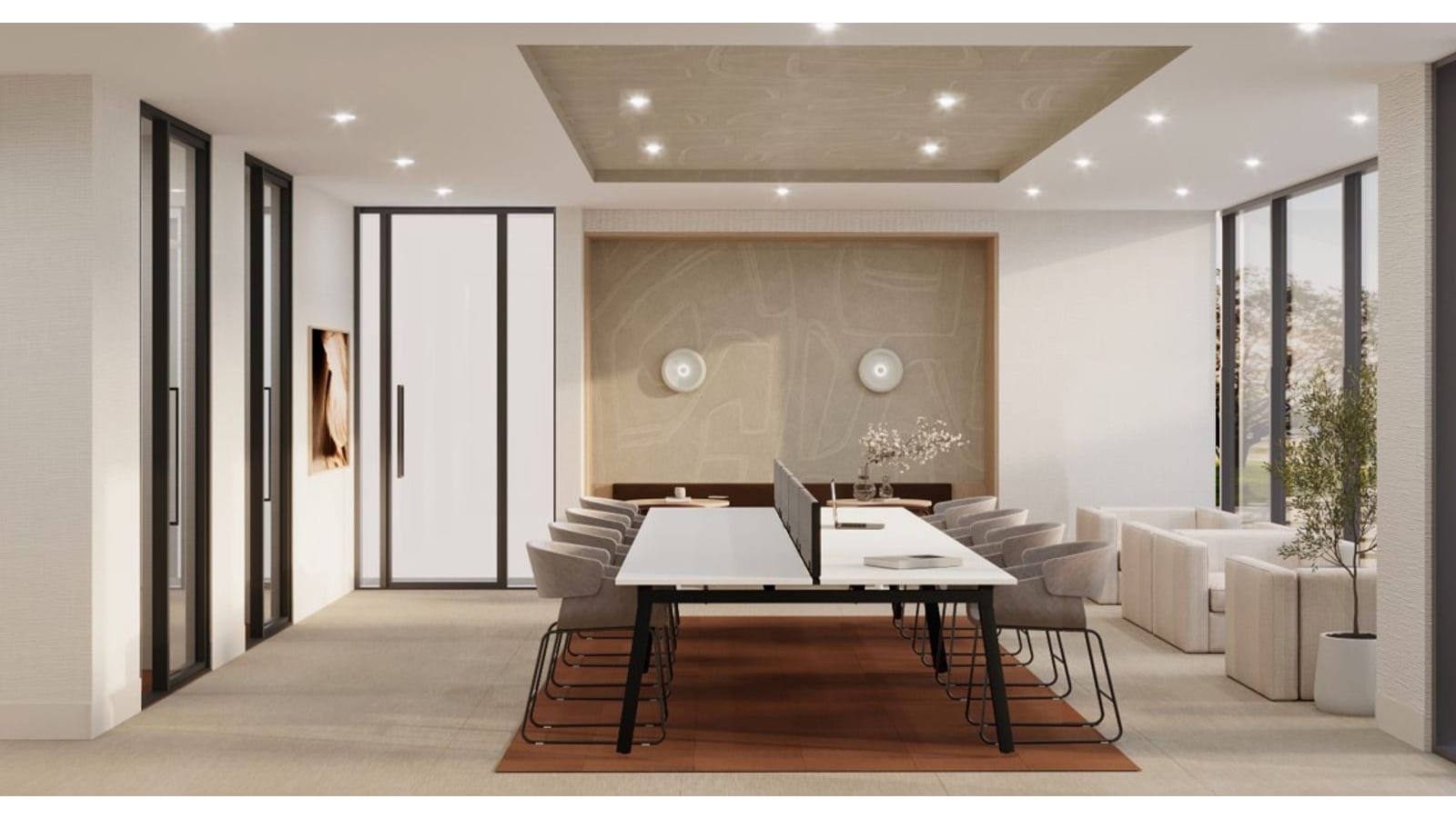 Rendering of a shared work room with a long white table and gray chairs on a rust rug, glass-walled side rooms, a sofa area and tall windows