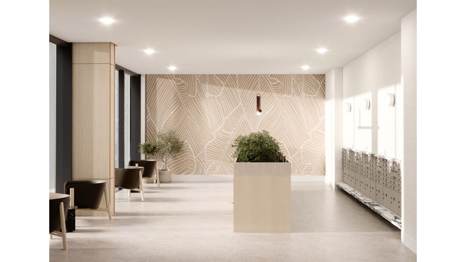 Rendering of a lobby with a light stone floor, a leaf-pattern wall, a wooden planter box, dark lounge chairs along tall windows and a wall of mailboxes