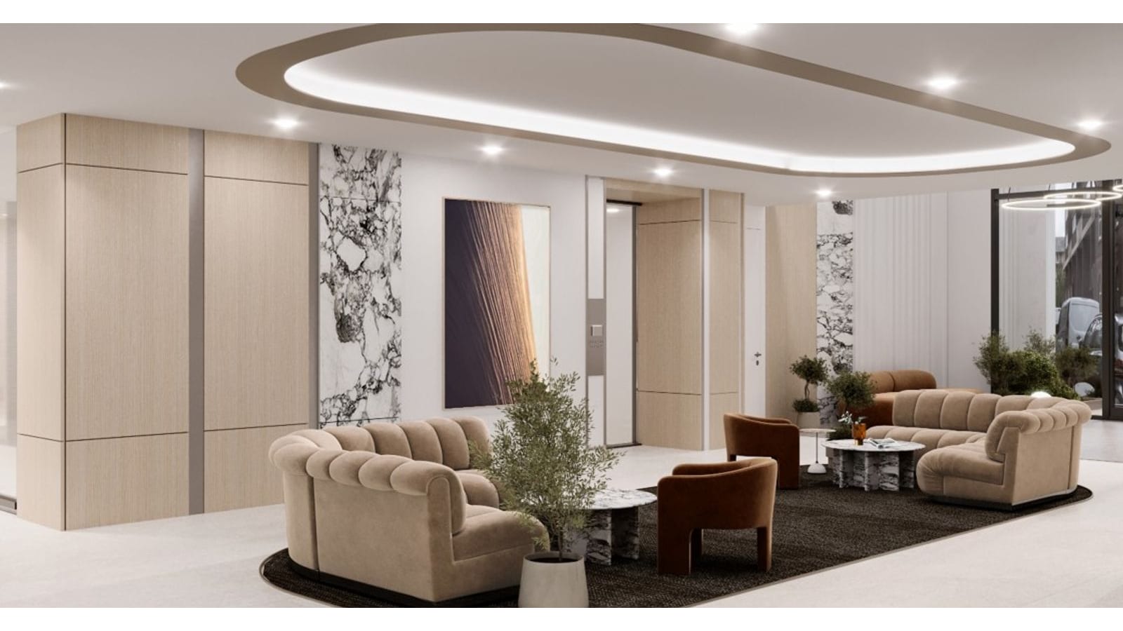 Rendering of a resident lounge with curved tan sofas, two rust-colored armchairs, marble side tables, a dark oval rug, wood wall panels, marble panels and a large abstract artwork
