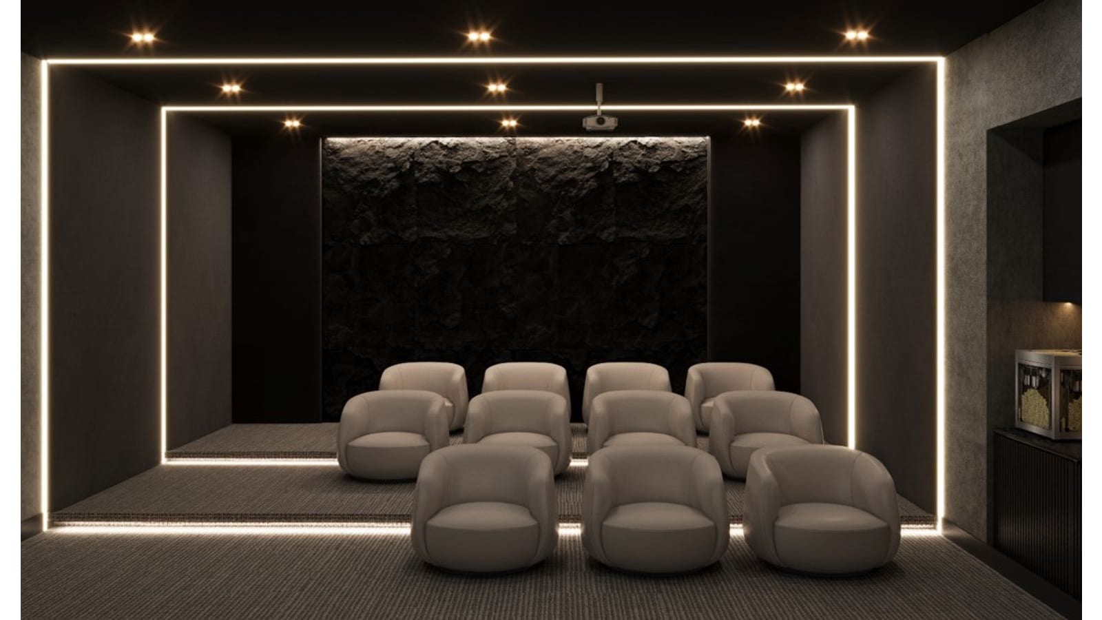 Rendering of a dark media room with two rows of rounded beige armchairs, lighted ceiling and wall strips, a projector and a stone feature wall