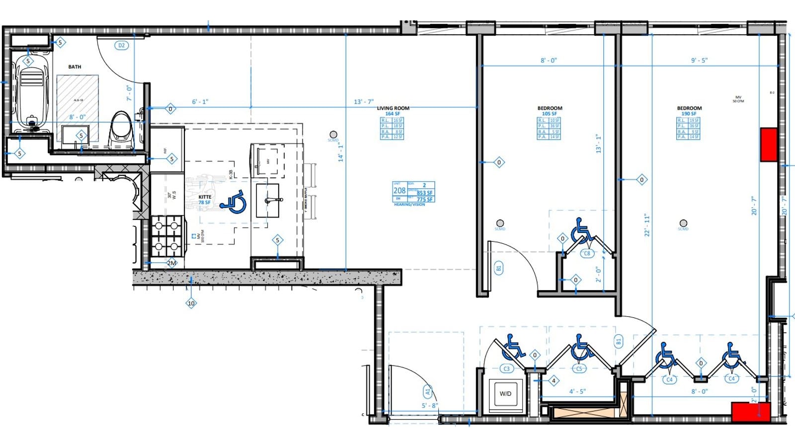 Floor plan of two-bedroom unit 208, marked hearing/vision, with a living room of 164 square feet, bedrooms of 105 and 190 square feet, a kitchen, one bathroom with a tub and a washer-dryer closet, and wheelchair turning symbols