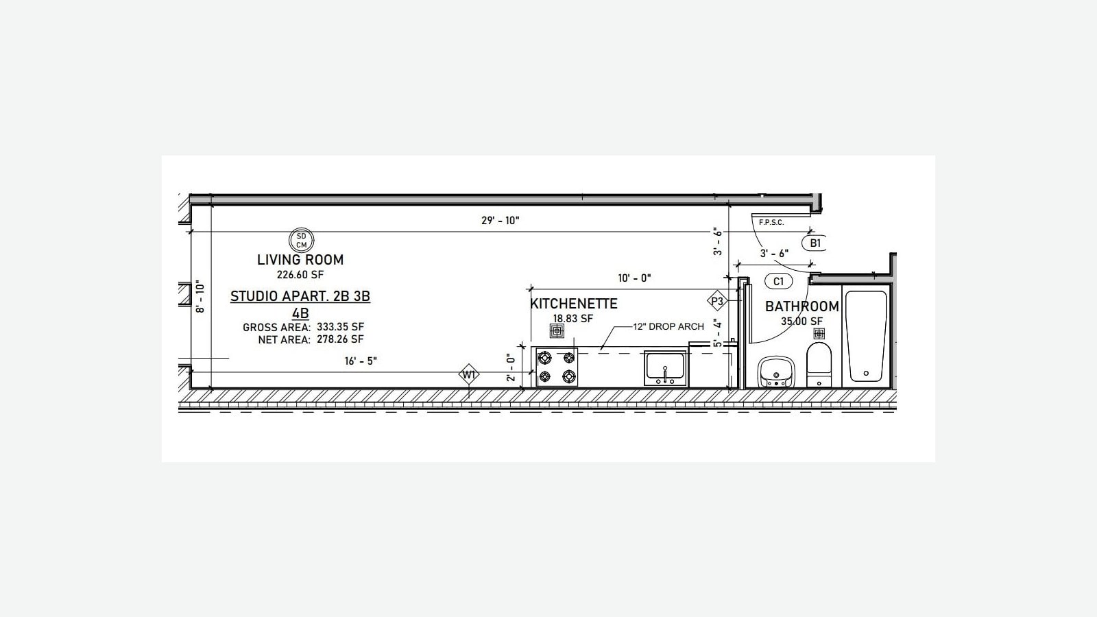 Black-and-white architectural floor plan of a long, narrow studio labeled Studio Apart. 2B 3B 4B, gross area 333.35 square feet and net area 278.26 square feet, with a 226.60-square-foot living room, an 18.83-square-foot kitchenette with a four-burner cooktop and a sink, and a 35-square-foot bathroom with a tub, toilet and sink at the right end