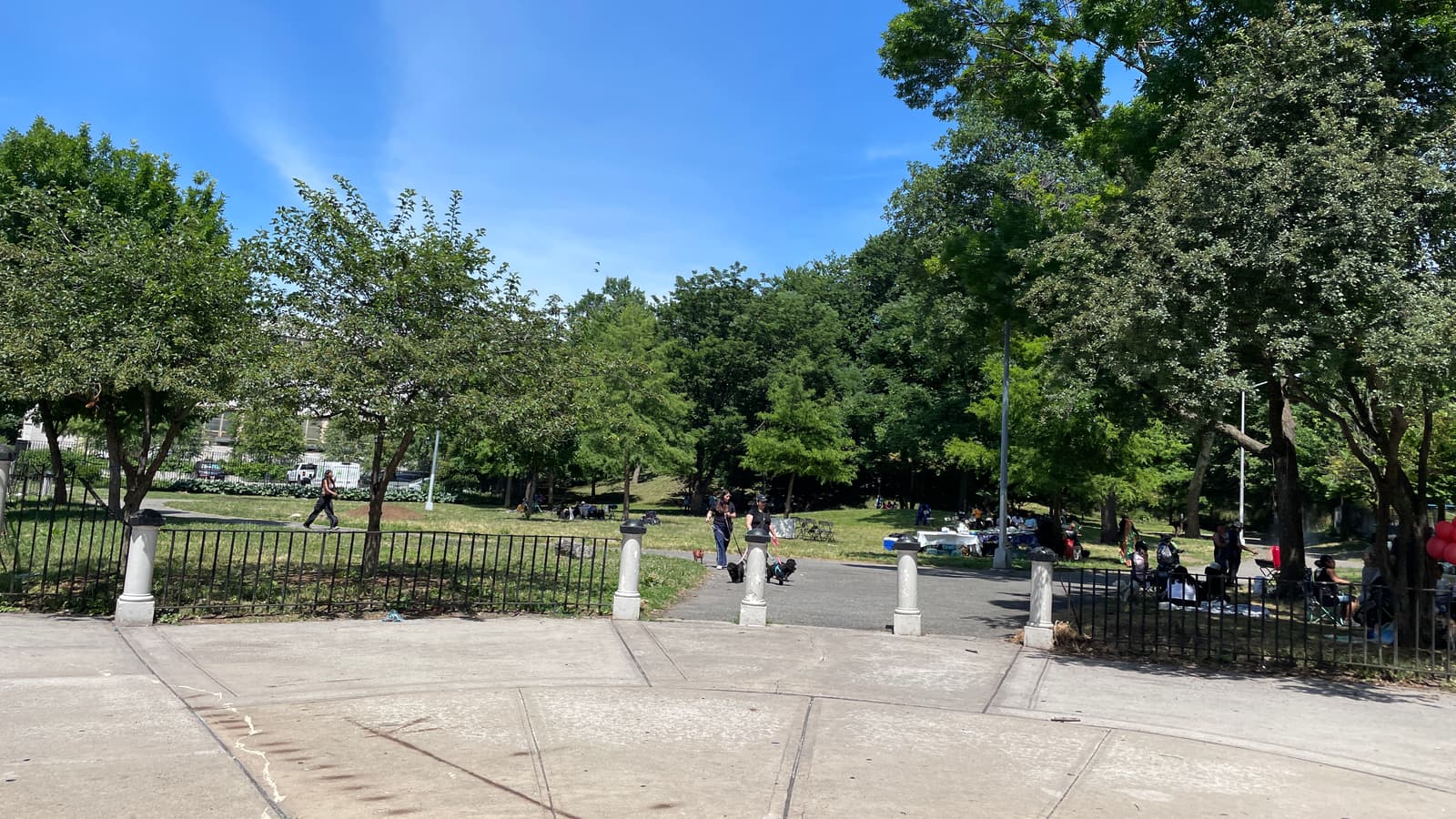 Photograph of a park entrance with white bollards and a low black iron fence, a paved path into a wide lawn with tall leafy trees, small distant figures walking dogs and people seated at tables in the shade, under a clear blue sky