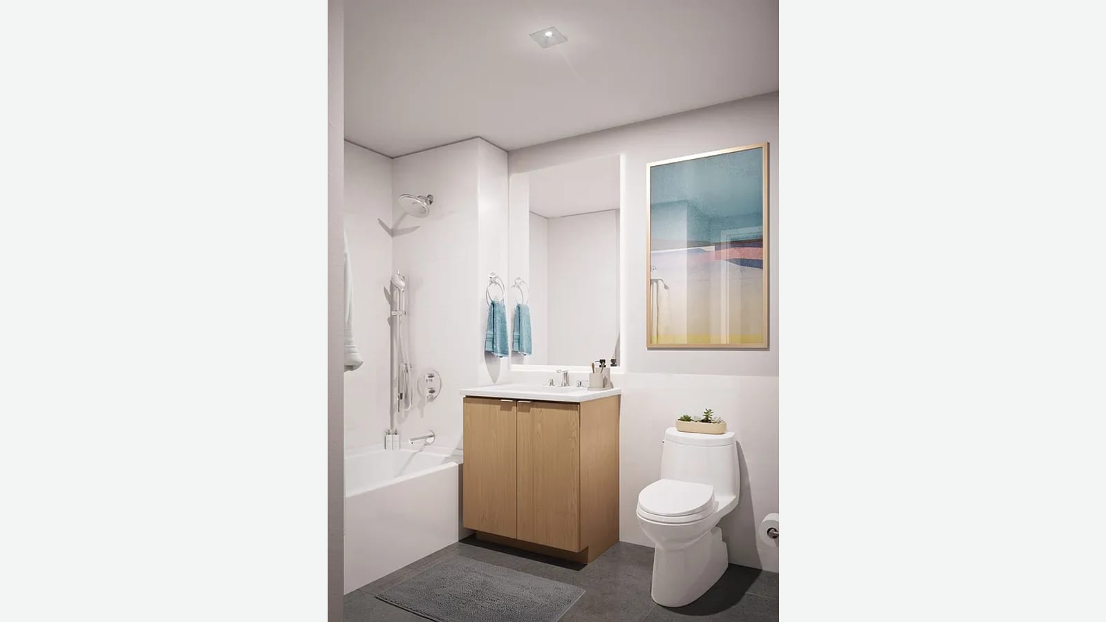 Rendering of a bathroom with a white tub and shower, a wood vanity under a lit mirror, a toilet, a framed print and gray floor tiles