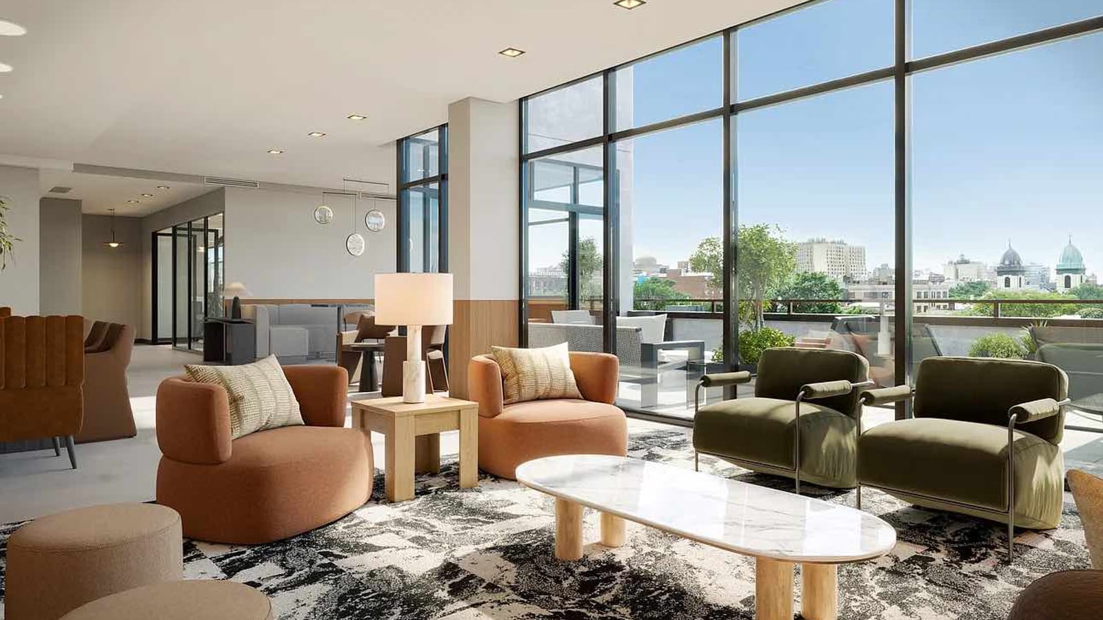 Rendering of a shared lounge with orange and olive armchairs, a long marble coffee table and floor-to-ceiling windows opening to a terrace with a view of domed rooftops