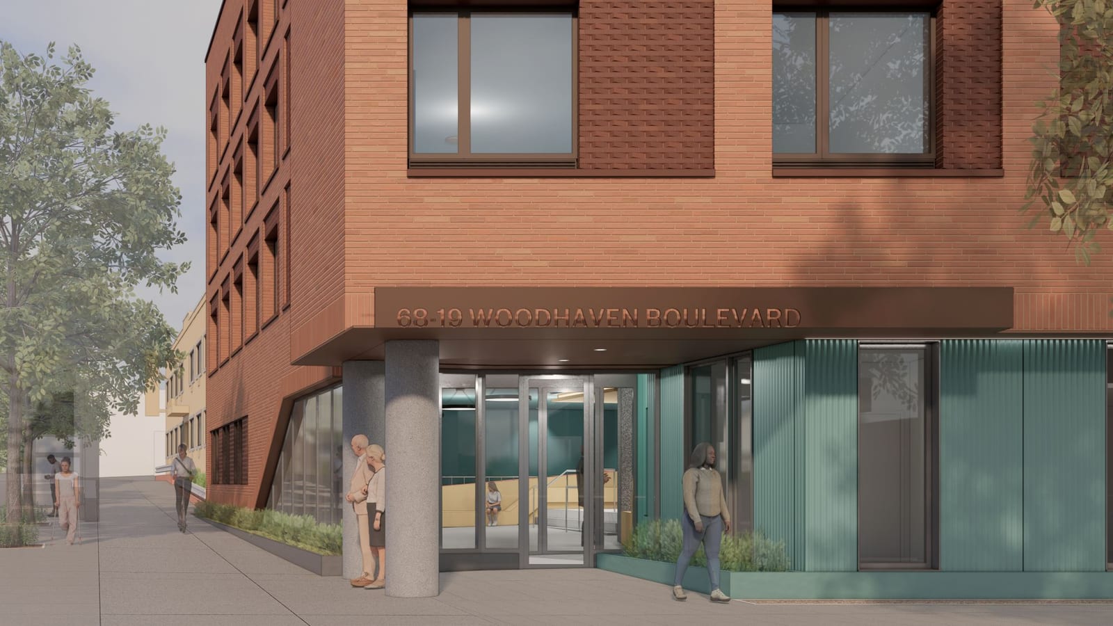 Rendering of a building entrance at a street corner: a bronze-colored canopy with raised lettering reading 68-19 WOODHAVEN BOULEVARD over glass doors, two round concrete columns, teal ribbed panels at the right, red brick walls with large windows above and people on the sidewalk