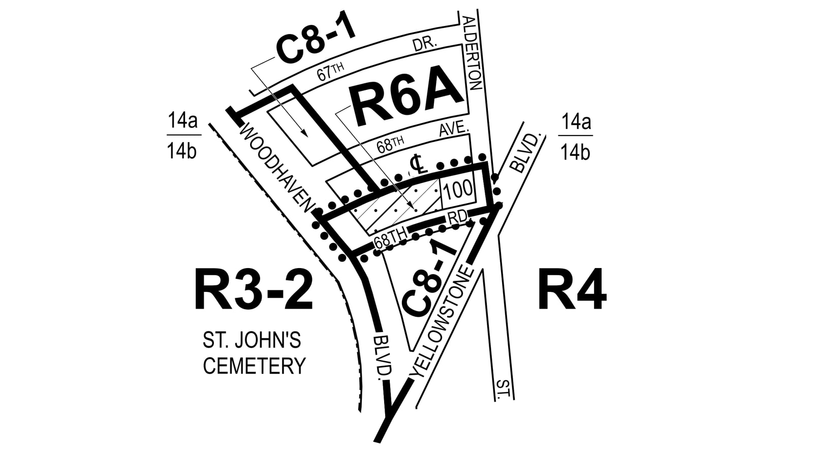 Black and white zoning diagram showing Woodhaven Boulevard running past St. John's Cemetery, with 67th Drive, 68th Avenue, 68th Road, Alderton Street and Yellowstone Boulevard, the zoning labels C8-1, R6A, R3-2 and R4, and a dotted line enclosing a hatched block along 68th Road east of Woodhaven Boulevard