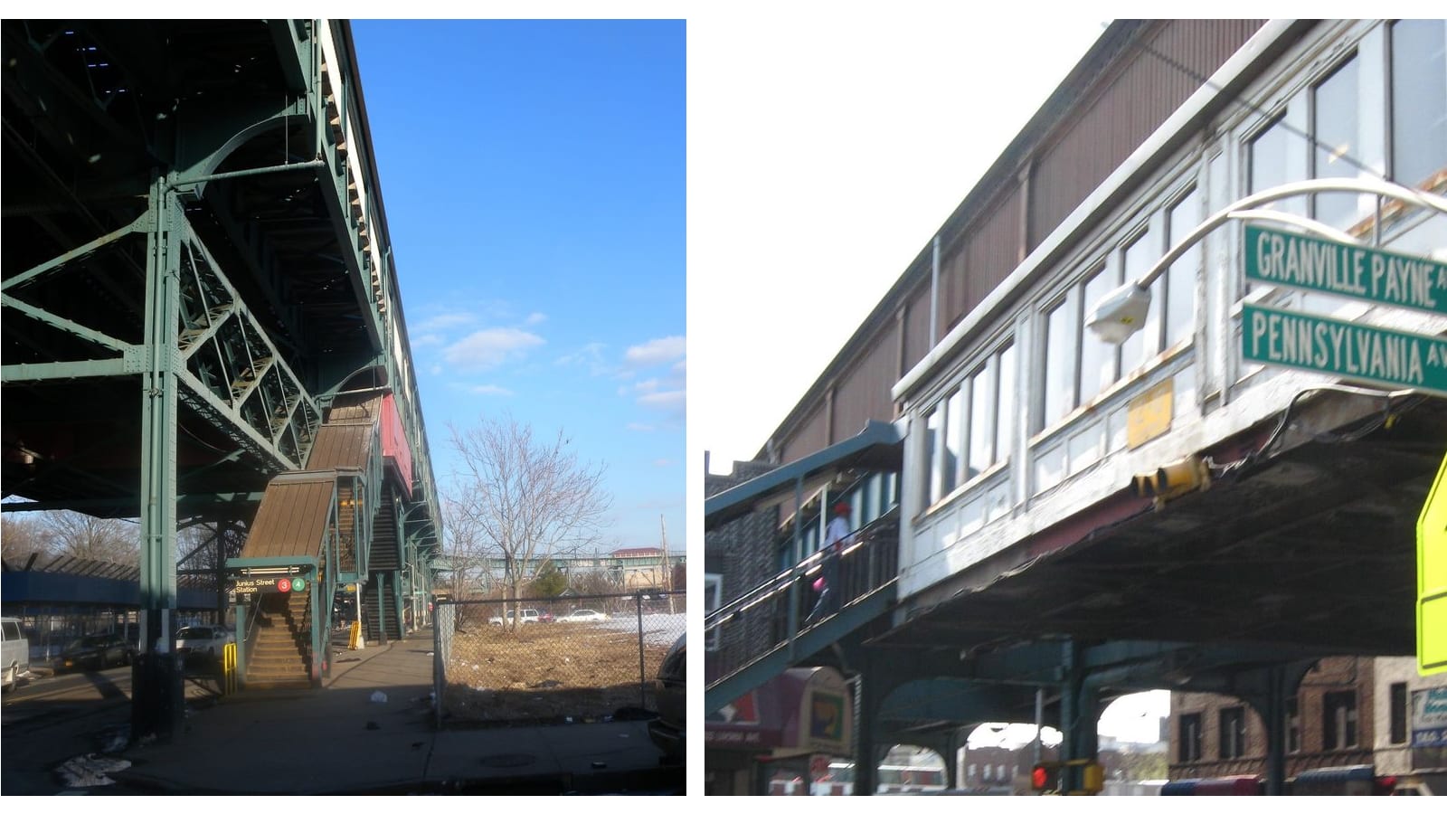 Two photographs side by side: at left a green steel elevated railway structure over a sidewalk with a covered staircase and a sign reading Junius Street Station with red 3 and green 4 route circles, beside a fenced vacant lot under a blue sky; at right the white-painted station house of an elevated line above a street corner, with green street signs reading Granville Payne Av, Pennsylvania Av and Livonia Av and a stair rising at the left