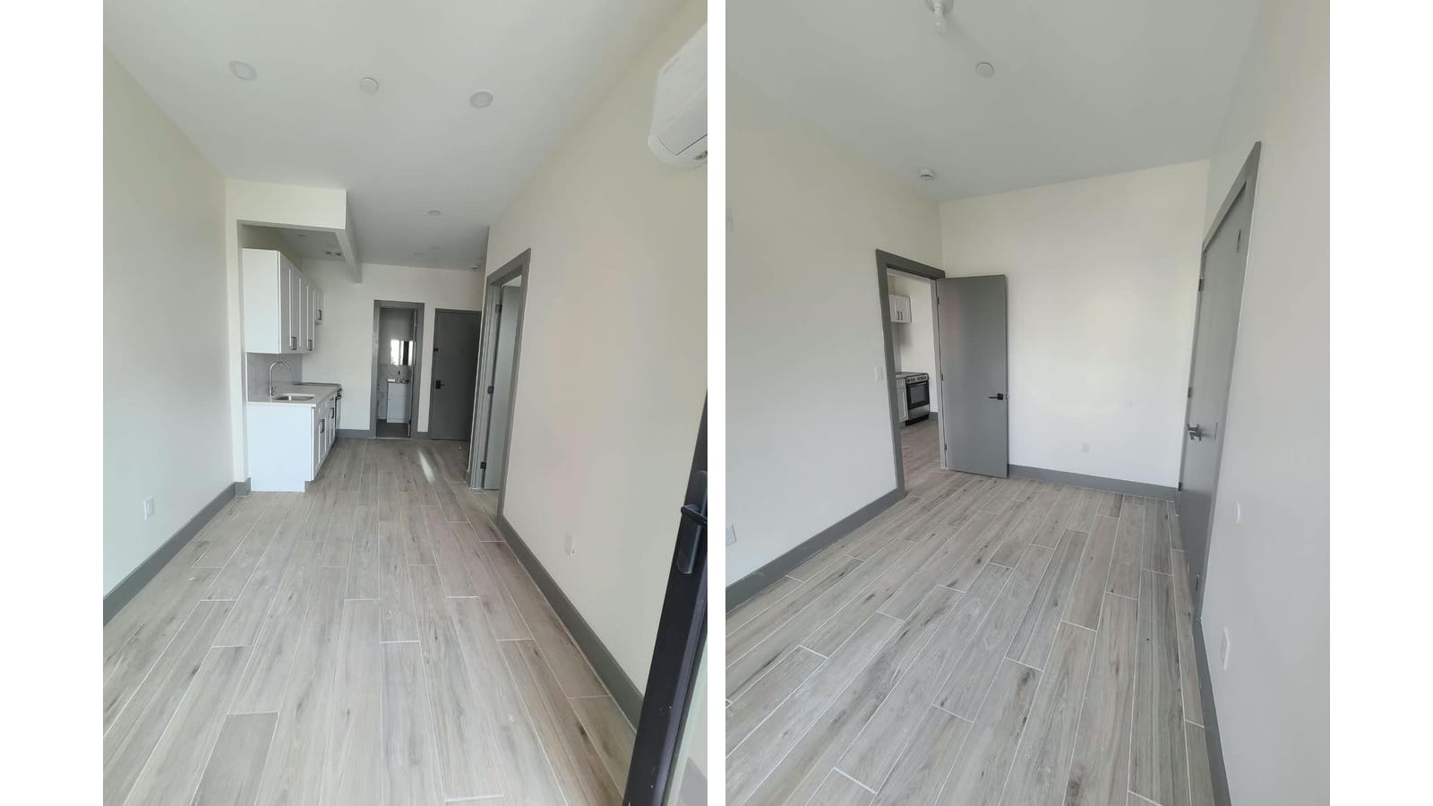 Two photographs side by side: at left a long room with wood-look tile floors, a small white kitchen with a sink along the left wall, an open bathroom door and a grey apartment entry door at the back, and a white wall air-conditioning unit at the upper right; at right an empty bedroom with the same floor, a grey door open to a kitchen with a stainless steel range, and a grey closet door