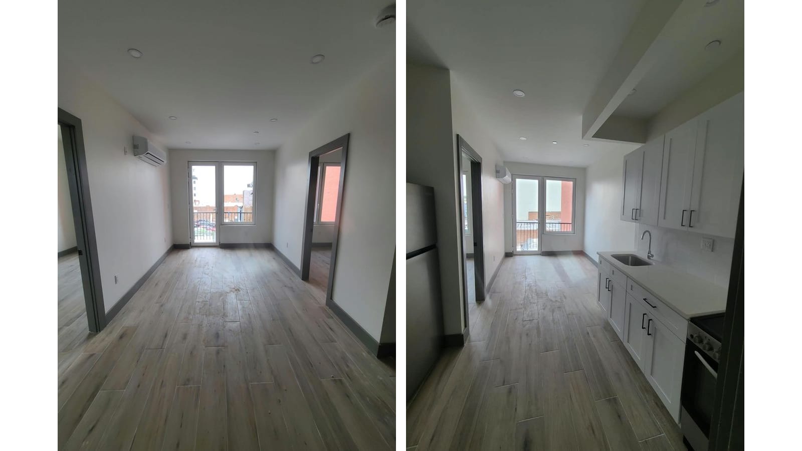 Two photographs side by side: at left an empty living room with wood-look plank tile floors, recessed ceiling lights, a white wall air-conditioning unit, grey door frames on open doorways at both sides and a glass door with a black railing leading to a balcony at the far end; at right a narrow kitchen and living space with white shaker cabinets, a white countertop with a sink, a stainless range with a black top at the lower right, a stainless refrigerator at the left and a glass balcony door at the far end