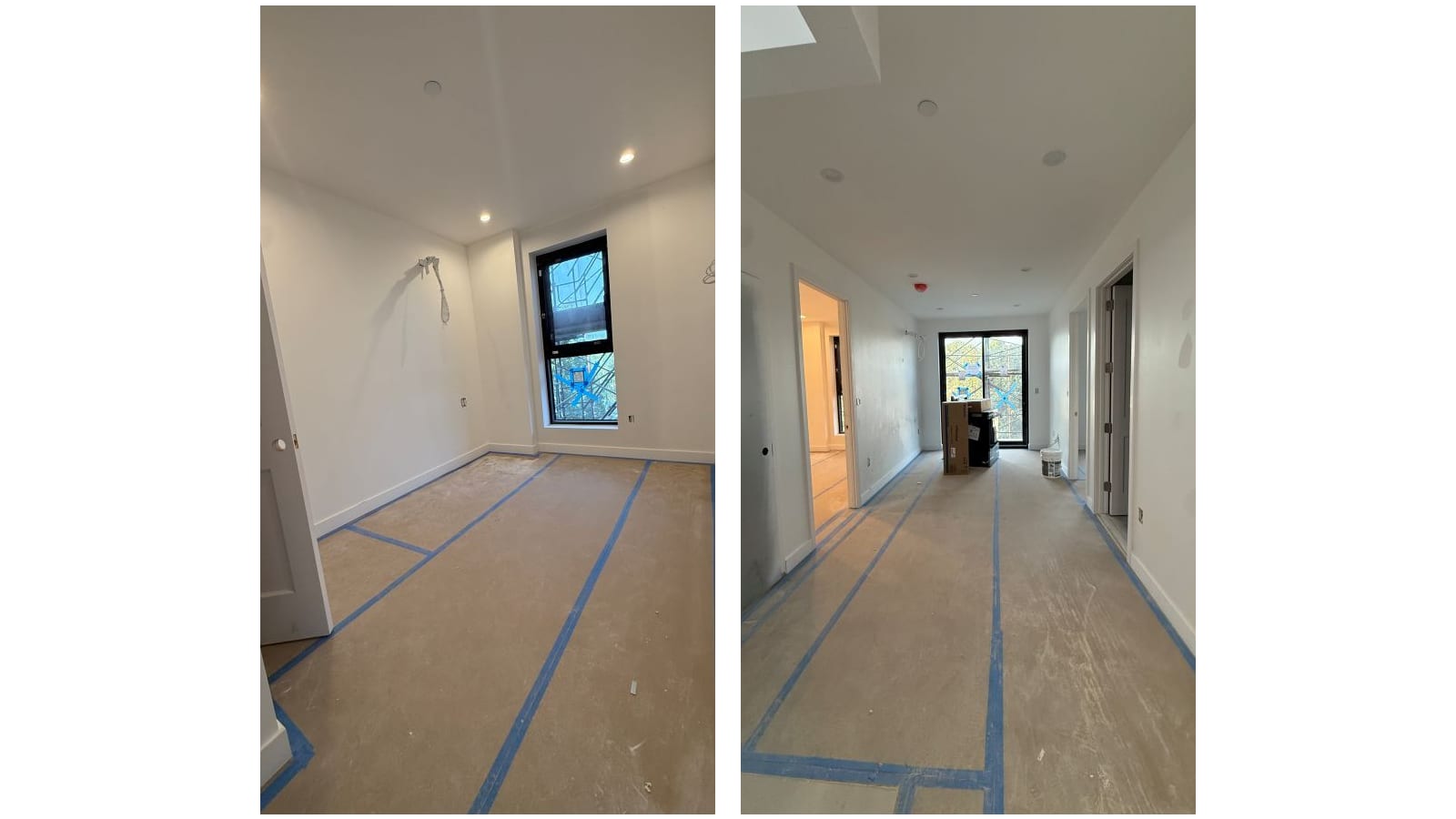 Two photographs side by side on a white background: at left an empty room with white walls, recessed ceiling lights, a wire hanging from one wall and a tall black-framed window with blue tape on the glass and scaffolding outside; at right a long hall inside an apartment with doors on both sides, leading to a black-framed glass door at the far end, with boxes and a bucket on the paper-covered floor
