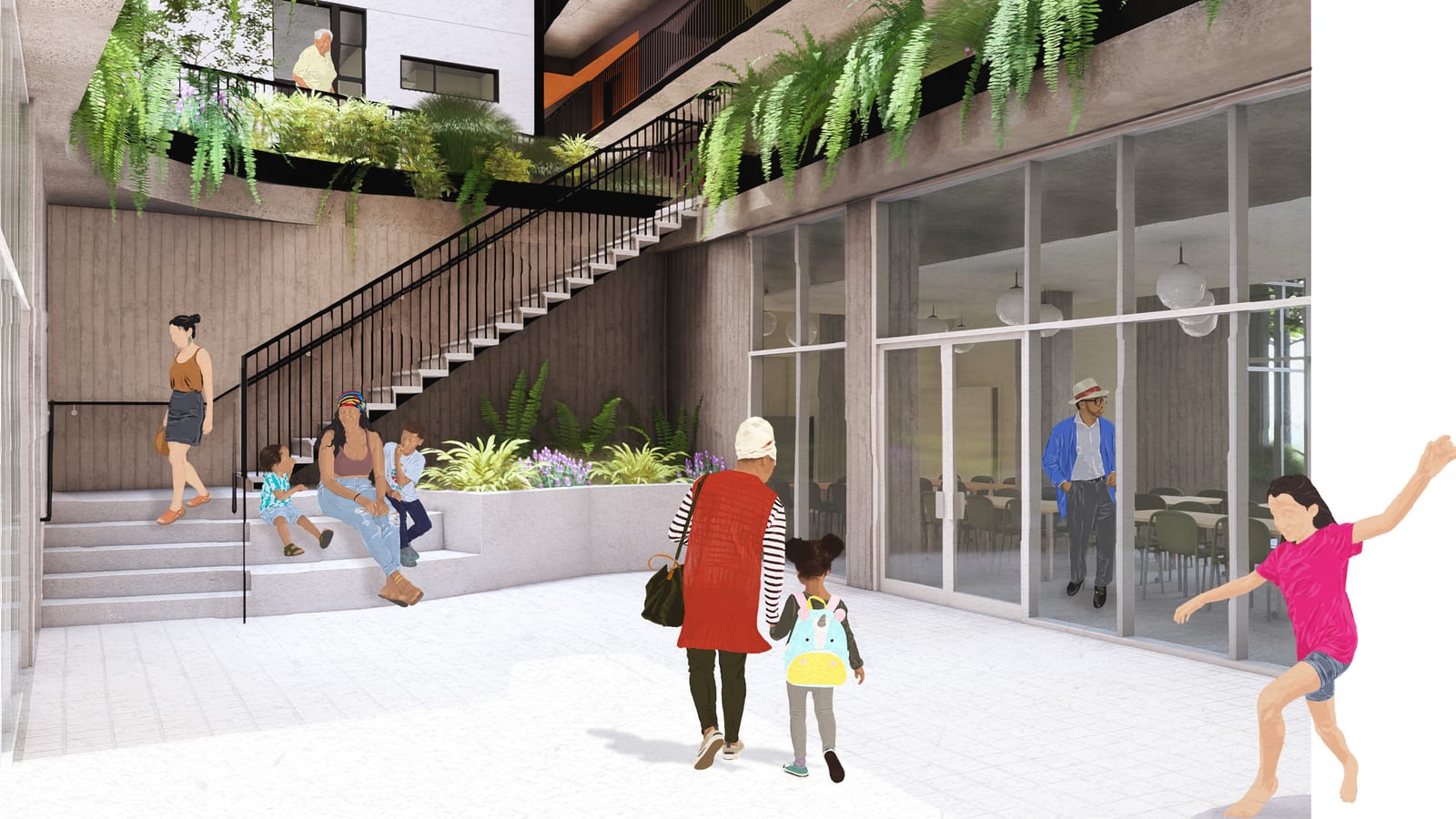 Rendering of a street-level courtyard with a stair rising to a planted upper level, hanging ferns, and a glass-walled community room with tables and chairs