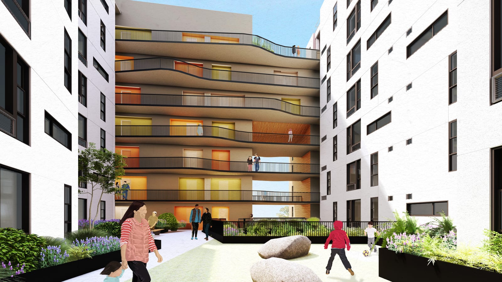 Rendering of a courtyard between white apartment wings, with curved open-air walkways on the floors above, planters, boulders and children kicking a ball