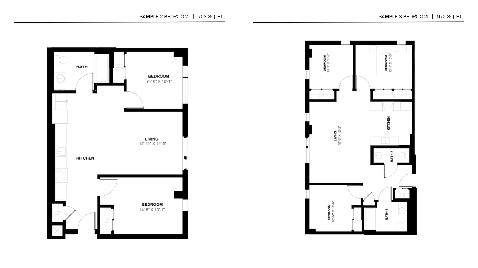Floor plans of a 703-square-foot two-bedroom with one bath and a 972-square-foot three-bedroom with two baths, each with a kitchen open to the living room