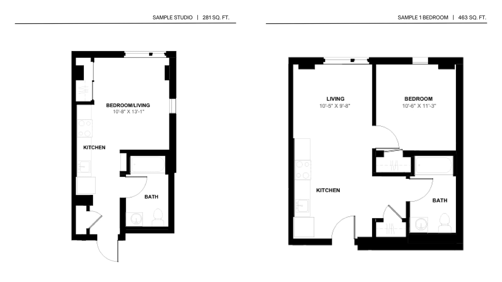 Floor plans of a 281-square-foot studio with a combined bedroom and living area, a kitchen and a bath, and a 463-square-foot one-bedroom with a living room, a bedroom, a kitchen and a bath