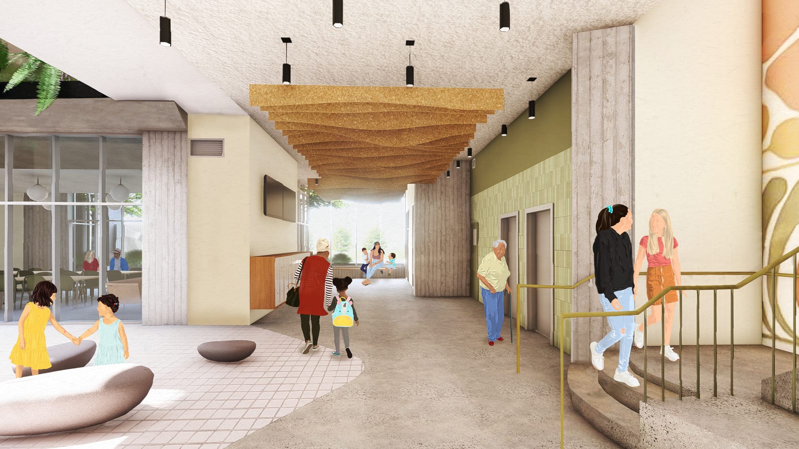 Rendering of an open-air lobby with a wave-shaped wood ceiling panel, elevators set in a green tiled wall, rounded benches and residents walking through