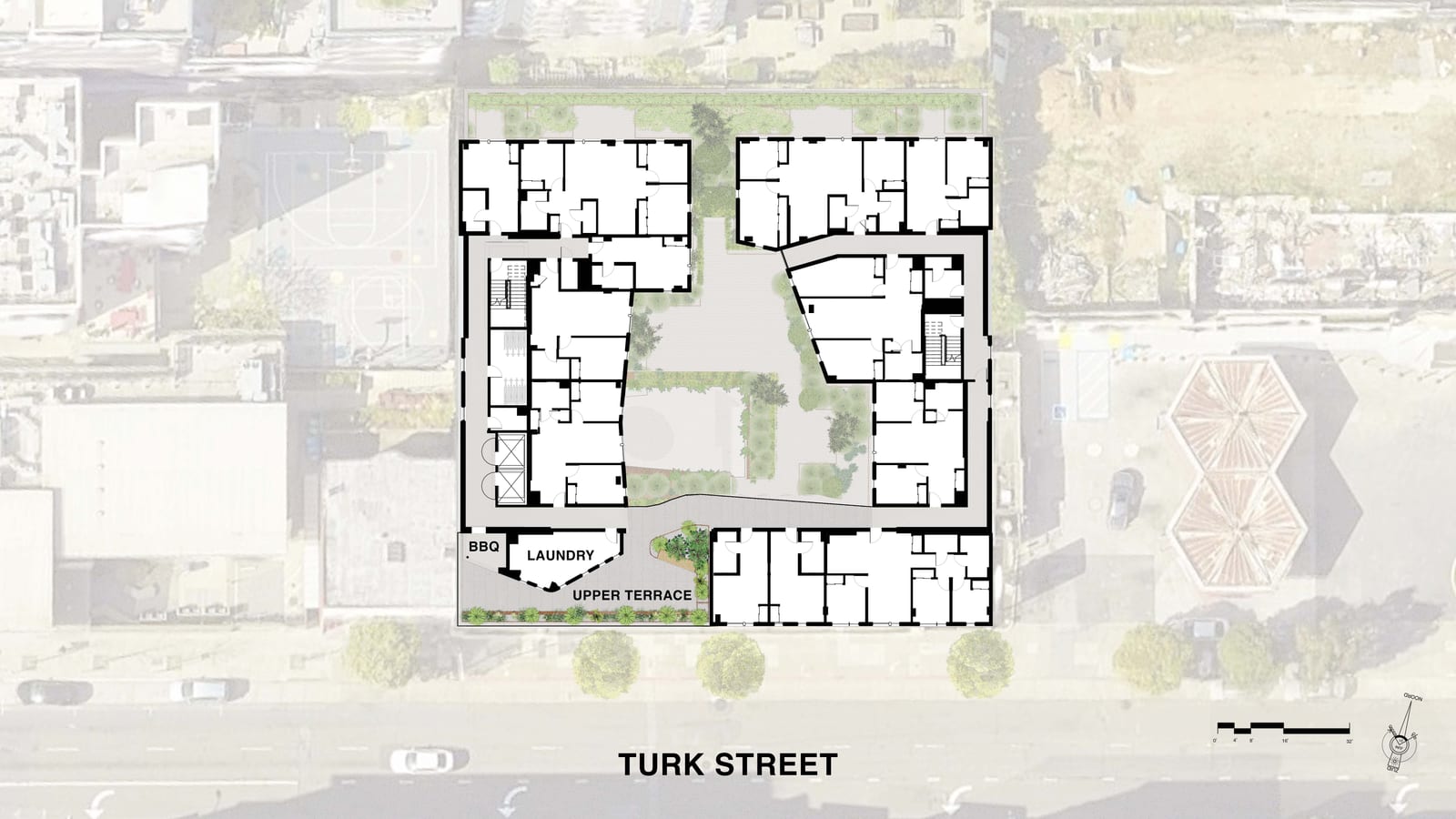 Plan drawing of the eighth floor of 850 Turk Street, showing apartments around a central courtyard and, on the Turk Street side, a laundry room, a barbecue area and an upper terrace